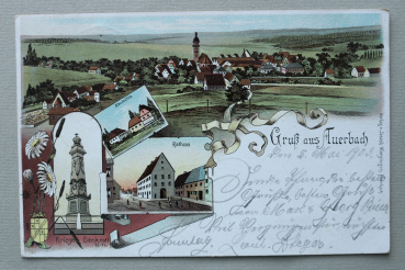 AK Gruss aus Auerbach / 1903 / Litho Lithographie / Mehrbildkarte / Neumühle / Rathaus / Kriger Denkmal